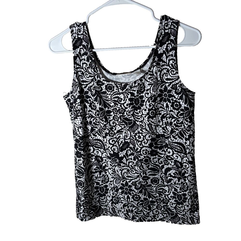 Chico's Tank Top Women's 1 Round Neck Black Printed Sleeveless Medium Career